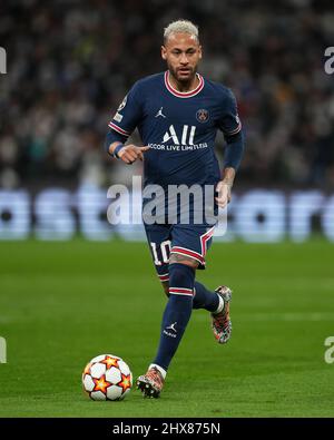 Madrid, Spain. March 09, 2022, Neymar Jr of PSG during the UEFA Champions League match between Real Madrid and Paris Saint Germain, played at Santiago Bernabeu Stadium on March 09, 2022 in Madrid, Spain. (Photo by Colas Buera / PRESSINPHOTO)
