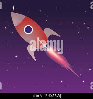 Rocket in the sky with a mountain landscape and two big planets and stars. Stock Vector