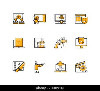 Film industry - modern line design style icons set with editable stroke. Adult films, children shows and cartoons, news, adventure, camera operator. G Stock Vector