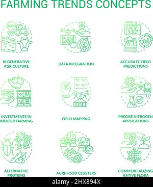 Farming trends green gradient concept icons set Stock Vector