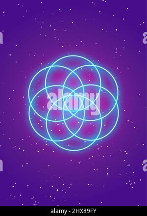 Seed Flower of life lotus icon, yantra mandala sacred geometry, Glowing Psychedelic neon symbol of harmony and balance. Futuristic Mystical talisman Stock Vector