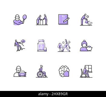 Leisure for the elderly - modern line design style icons set with editable stroke. Grandparents go in for sports, gardening, save money, communicate w Stock Vector