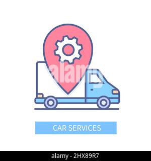 Car service - modern colored line design style icon on white background. Neat detailed image of truck in need of repair. The tag contains a gear spare Stock Vector