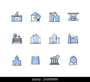 City buildings - modern line design style icons set with editable stroke. Residential building, museum, skyscraper, river, bridge, park, hotel, school Stock Vector
