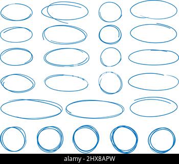 collection of handdrawn oval and circular marker highlight doodles, editable stroke, vector illustration Stock Vector