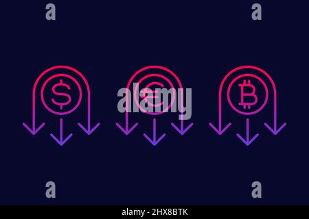 reduce costs icon with dollar, euro and bitcoin Stock Vector