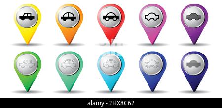 Location pins with passenger car icon - vector illustration Stock Vector