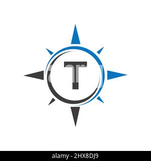 Compass Logo Design On Letter T Concept. Letter T Compass Adventure Logo Sign Vector Template Stock Vector