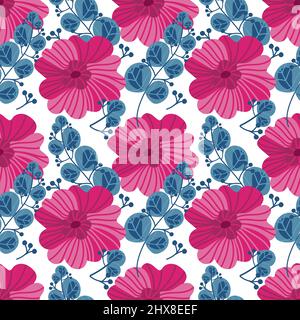 A seamless pattern of flowers and branches. Hand-drawn doodle-style elements. Cute, fantastic roses on a white background. Magical plants. Suitable fo Stock Vector
