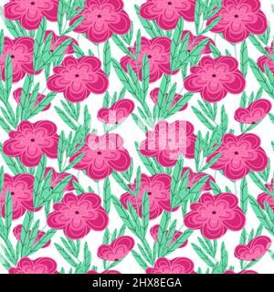 A seamless pattern of flowers and branches. Hand-drawn doodle-style elements. Cute, fantastic flowers on a white background. Magical plants. Suitable Stock Vector