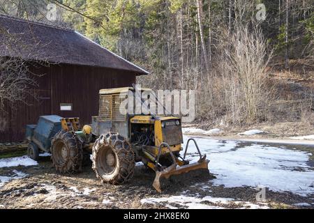 Old yellow forest wheel tractor LKT 81 with snow chains on all wheels parking on the muddy road in front of wooden house. Stock Photo
