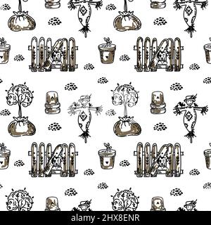 A seamless drawing with a fence, a scarecrow, and a tree in a bag. Hand-drawn doodle-style elements. Cute fence with a dog's head. Wooden fence. Suita Stock Vector