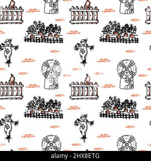 A seamless drawing with a windmill, carrot beds, and a scarecrow. Hand-drawn doodle-style elements. Cute windmill with a heart. Suitable for textiles, Stock Vector