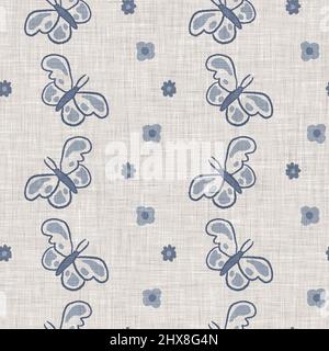 Farmhouse blue butterfly linen seamless pattern. Tonal french country cottage style farm animal background. Simple vintage rustic fabric textile Stock Photo