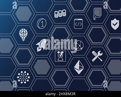 NFT Non-Fungible Token background. Blue dark wallpaper with hexagonal shapes and icons. Stock Vector
