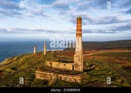 Copper mine bathed in golden light, in Cornwall. Stock Photo