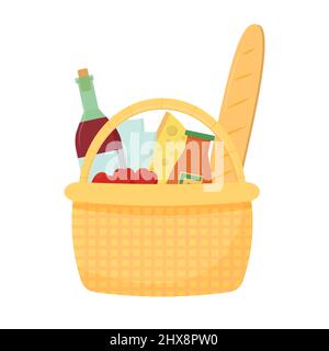 Basket for picnic with cheese, baguette, apples, bottle with wine. Enjoying summer, outdoor activity, romantic isolated on white background stock vector illustration. Vector illustration Stock Vector