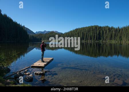 Man drinking coffee in early morning, and standing on wooden dock watching trees and mountains reflecting in lake. British Columbia, Canada. Stock Photo