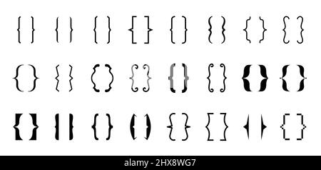 Different curly braces black icon set. Modern and vintage brackets lines and symbol collection for typing or typography. Ornament and vector isolated design elements concept for messages and quotes Stock Vector
