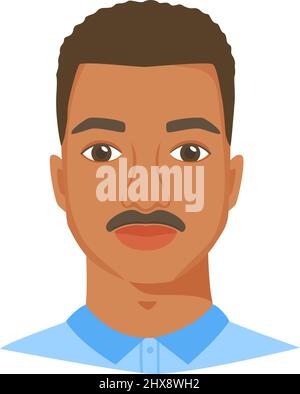 Young black man face with moustache. Male portrait or avatar in flat style. Front view. Vector Stock Vector