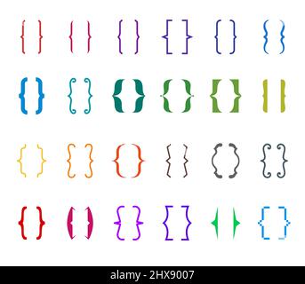 Different curly braces colored icon set. Modern and vintage brackets lines and symbol collection for typing or typography. Ornament and vector eps design elements concept for messages and quotes Stock Vector