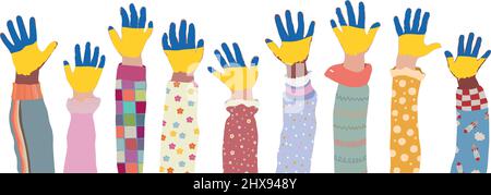 Group of raised arms of children who have their palms painted in the colors of the Ukrainian flag. Support for Ukraine. Peace concept. Stop the war. Stock Vector