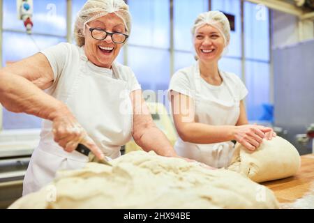 Cheerful bakers cutting and kneading the dough in preparation for baking Stock Photo