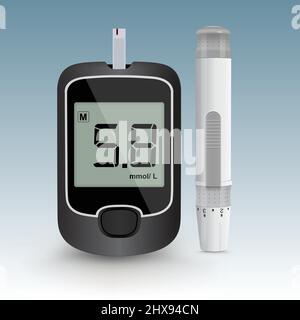 Digital blood glucose testing kit with lancing device, diabetes tester device icon. Glucometer vector illustration Stock Vector