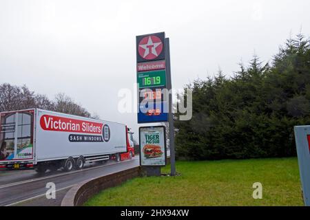 Petrol prices on Texaco station sign Unleaded 161.9 per litre diesel 173.9 per litre on 10 March 2022 lorry in Carmarthenshire Wales UK  KATHY DEWITT
