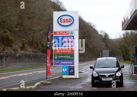 Petrol prices on Esso station sign Unleaded 165.9 per litre diesel 175.9 per litre on 10 March 2022 in Carmarthenshire Wales UK  KATHY DEWITT Stock Photo