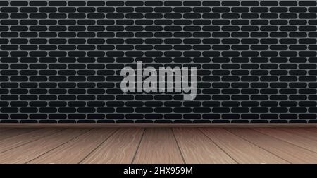 Black stylish studio, dark panoramic brick background with wooden floor - Vector illustration Stock Vector