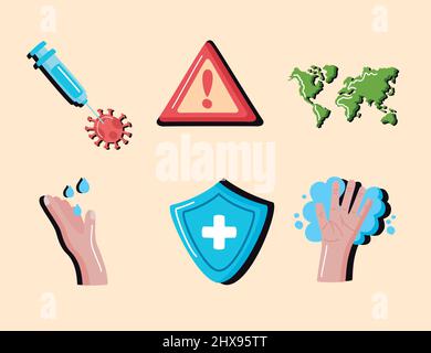 six pandemic conjuncture set icons Stock Vector