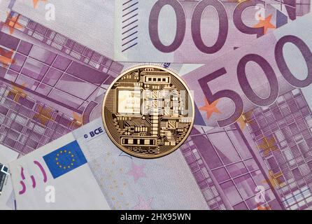 Coin Solana and 500 Euro bank notes Stock Photo