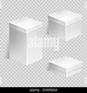 Set of 3 realistic cardboard boxes over transparent background. Set of cosmetic or medical packaging. For Software, electronic device and other products or gifts. Design template. Vector illustration. Stock Vector