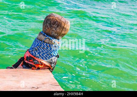 Amazing natural panorama view to the Muyil Lagoon in the tropical jungle nature forest with boats jetty people colorful turquoise water Sian Ka'an Nat Stock Photo