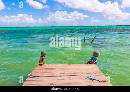 Amazing natural panorama view to the Muyil Lagoon in the tropical jungle nature forest with boats jetty people colorful turquoise water Sian Ka'an Nat Stock Photo