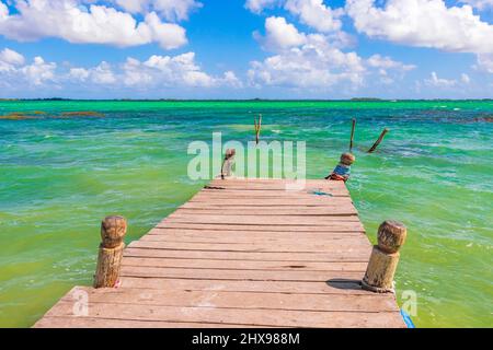 Amazing natural panorama view to the Muyil Lagoon in the tropical jungle nature forest with boats jetty people colorful turquoise water Sian Ka'an Nat Stock Photo