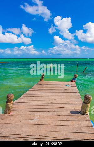 Amazing natural panorama view to the Muyil Lagoon in the tropical jungle nature forest with boats jetty people colorful turquoise water Sian Ka'an Nat Stock Photo