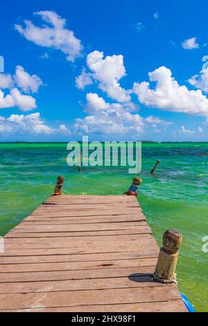 Amazing natural panorama view to the Muyil Lagoon in the tropical jungle nature forest with boats jetty people colorful turquoise water Sian Ka'an Nat Stock Photo