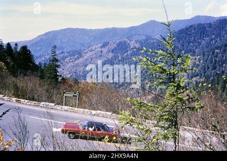 Car driving through the Great Smoky Mountains near the Tennessee