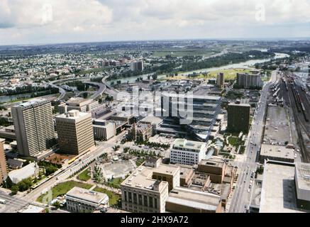 Aerial view of downtown Calgary Alberta. The most distinctive building is the Calgary Municipal Building ca. 1990 Stock Photo