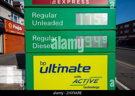 Slough, Berkshire, UK. 10th March, 2022. Drivers were paying 175.9 per litre for petrol and 194.9 per litre for diesel today at a BP petrol station on the Farnham Road in Slough today. The price of petrol and diesel is continuing to rise at an alarming rate and it is only expected to get much worse following the invasion of Ukraine by Russia and the rising inflation prices. Credit: Maureen McLean/Alamy Live News Stock Photo