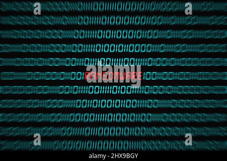 Red word "Ransomware" hidden in the middle of a binary code sequence. Stock Photo