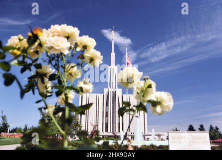 The Seattle Temple (Mormon Church building) with flowers in the foreground ca. 1985 Stock Photo