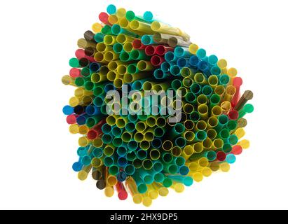 Top view of multicolored cocktail tubes isolated on white background. Copy space. Stock Photo