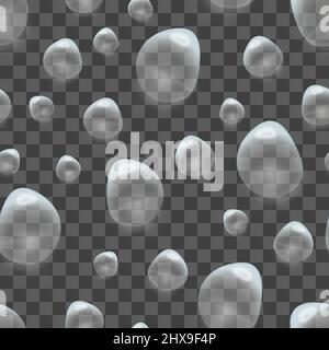 A lot of bright realistic transparent water drops, seamless pattern on transparent background Stock Vector