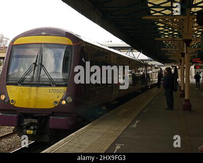 WELLINGTON. SHROPSHIRE. ENGLAND. 02-26-22. The West Midlands Railways DMU 170509 at the head of 11.55 service to Shrewsbury. Stock Photo