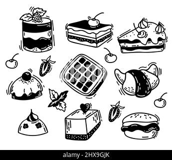 set decorative of confectionery and sweets. Waffle and croissant, dessert and brownies with berries, cake and sweets. Vector illustration. Isolated li Stock Vector