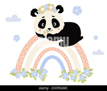 Cute panda character in flower wreath lies on rainbow on white background with clouds. Vector illustration. Cute animal in scandinavian style for nurs Stock Vector