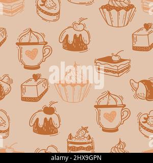 Seamless pattern with sweets. Pastries and cakes, sweets and desserts with strawberries and cherries on light beige background. Vector illustration. L Stock Vector